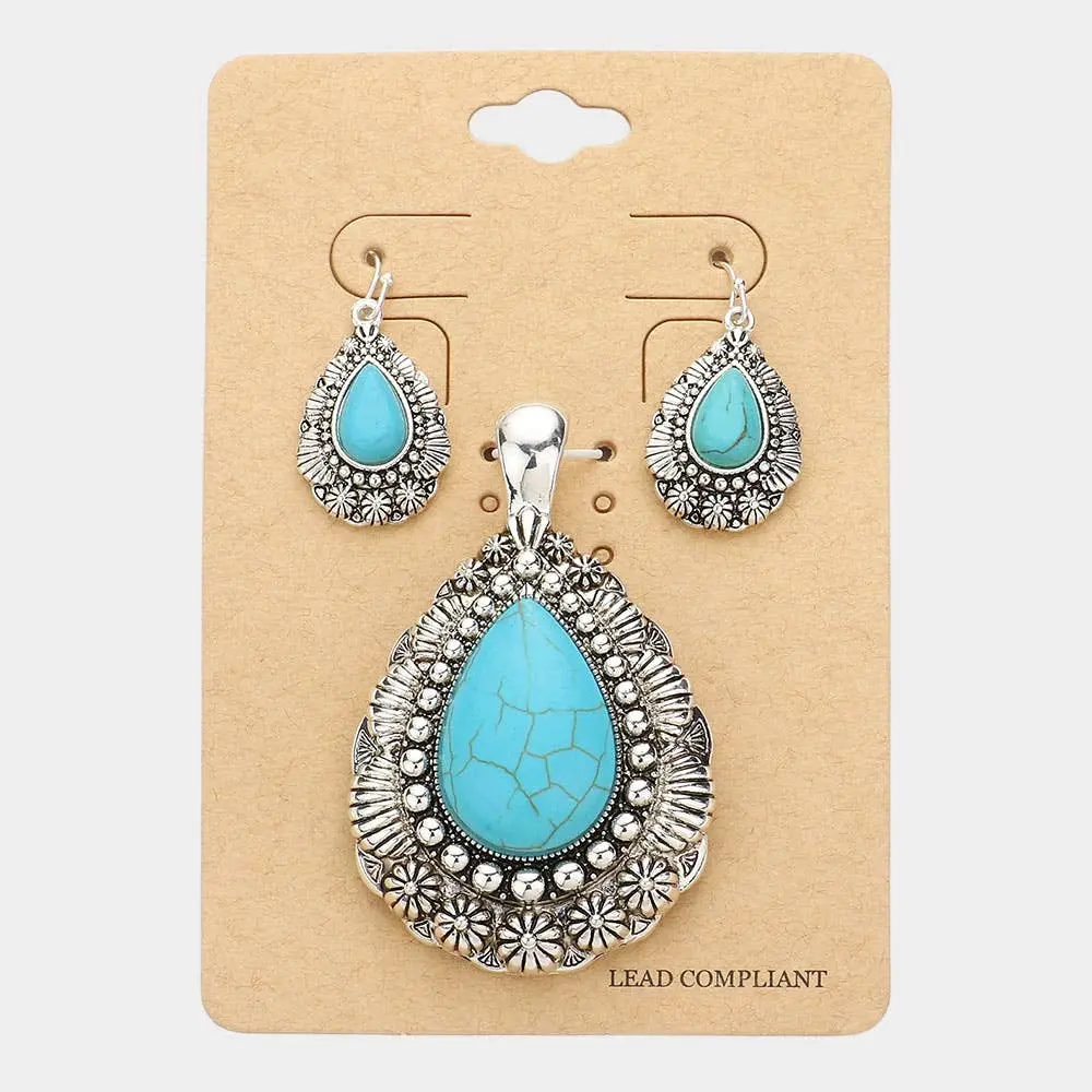 Antique Teardrop Turquoise Magnetic Pendant Set