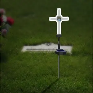 Solar Neon Memorial Cross Outdoor Garden Stake Light w/Personalized Picture Frame - Honor Pets, Humans, Graves Cemetery Decorations Markers, Cool White LED Light