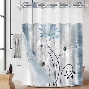 No Hook Rustic Farmhouse Shower Curtain with Snap in Fabric Liner Set, Blue Daisy  and Butterfly on Country Wooden Double Layers  with See Through Top Bath Curtain 71x74 Inch