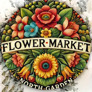 1pc North Garden Flower Market Round Iron Sign, Waterproof, Fade-Resistant, Corrosion-Proof, Heat and Cold Resistant, Candyland Theme Outdoor and Indoor Decorative Plaque