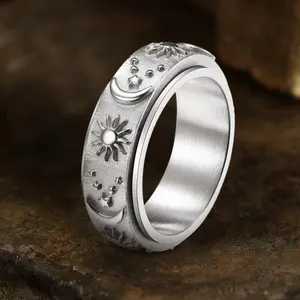 GTHIC Ornate Moon Star Sun Spinner Ring – Stainless Steel Birthday Gift, Sizes 4-13