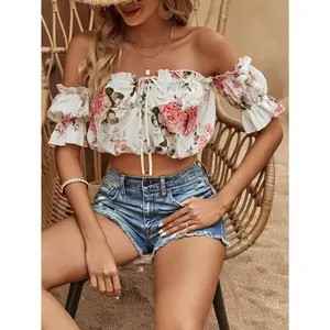 Floral Print Off Shoulder Flounce Sleeve Knot Front Crop Blouse