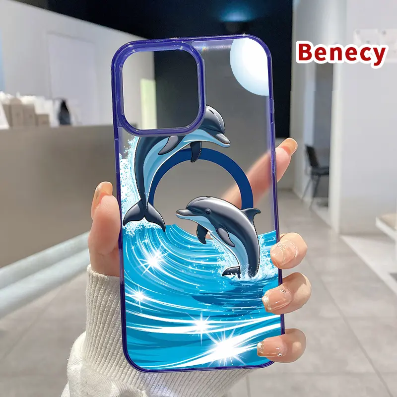 Magnetic Soft Case for iPhone 15 16 14 Pro Max 13 12 11 XR XS Plus E Dolphin Wave Dance Pattern Shockproof ultra-thin Silicone Crystal Transparent Protective Cover Supports Wireless Charging