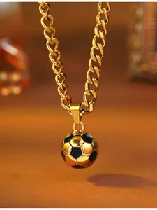1 piece of stainless steel football necklace, featuring a Cuban chain paired with a black gold football pendant, embodying a hip-hop style and perfect for sports fans, Statement Necklace