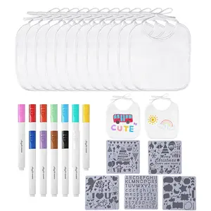 27pcs DIY Babyshower Bibs Party Games Activity Sets, Includes 10 White Bibs, 12 Markers, 5 Stencils, Suitable for Gender Reveal Party Supplies Birthday Variety Party Pack, Party Favors Assortment