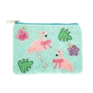 Pink Flamingo Theme Bead Embroidered Coin Bag
