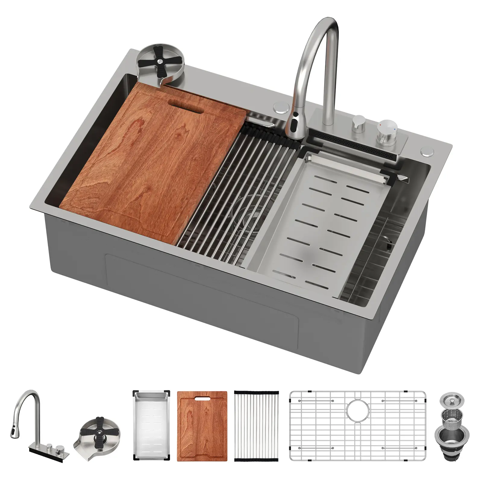 Logmey 33"x22" Waterfall Kitchen Sink Single Bowl Drop-In Kitchen Sink 16 Gauge Stainless Steel Workstation Sink With Glass Rinser,Pull-Out Faucet, Home Improvement Finds