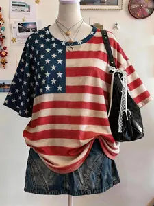 HANNA x Lalippa Plus Size Women's American Flag Digital Print Casual Loose Fit Round Neck Long T-Shirt, Gift For Friends