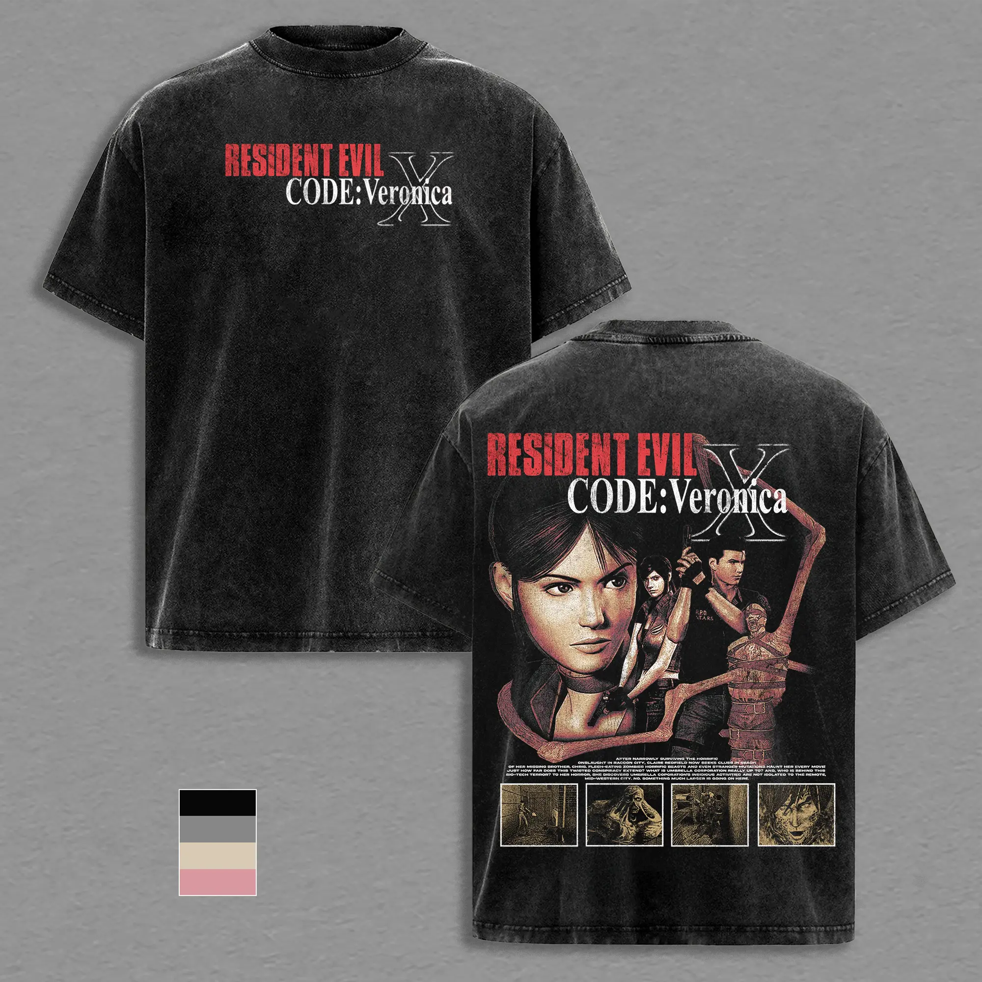 Resident Evil Code Veronica X Vintage Washed Oversize Cotton T-Shirt, Claire Redfield Retro Horror Game Graphic Double Printed Tee, Heavyweight Streetwear Gamer Shirt, Unisex RE Classic Fan Gift Top