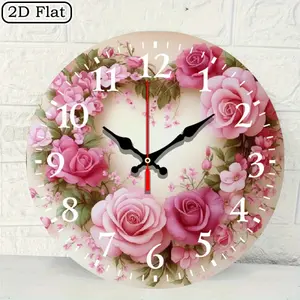 2D flat 1010inch wall clock, heart-shaped pink wreath pattern design, round silent battery-powered (AA batteries not included), suitable for bedroom, living room, entryway, study, cottage, Halloween and Christmas decoration gift
