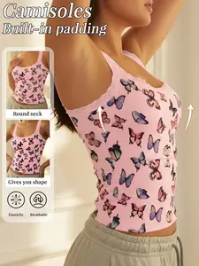 🔥 Seamless Lightweight Butterfly Print Lace Trim Camisole With Integrated Padding, Skin-Friendly Soft All-Day Comfort, High-Elastic Waist Tummy Smoothing, Lace Open Back Design, Fit For Home, Commute, Yoga And Workout
