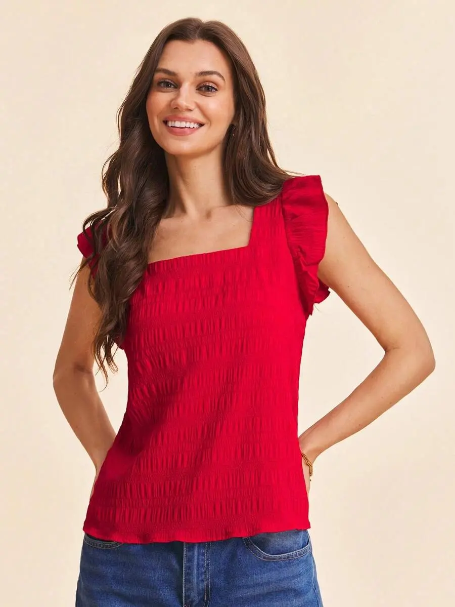 Solid Ruffle Trim Bubble Texture Blouse Summer Women Beach Square Neck Summer Red Top