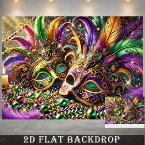 1PC Polyester Reusable 2D Flat Carnival Mask Backdrop Banner, Colorful Feather & Bead Design Wall Hanging, Birthday Party Decorations, Party Decorations Banners