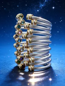 Adjustable Stainless Steel Cuff Bracelet with Colorful Zirconia, Casual Open Circle Design for Men and Women, All Seasons Wear