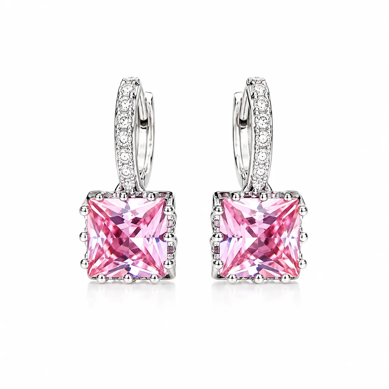 Pink Square Cubic Zirconia Dangle Hoop Earrings for Women, Silver Huggie Drop CZ Earrings, Funky Unique Sparkly Jewellery Accessories for Wedding Party Daily Wear