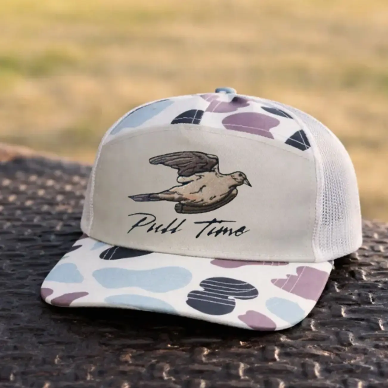 Dove Hunting Trucker Hat, 57 Panel Camo Brim Snapback, Flying Dove Embroidered Hat for Men, Outdoor Hunter Cap, Country Waterfowl Style Mesh Back Hat, Adjustable Fit