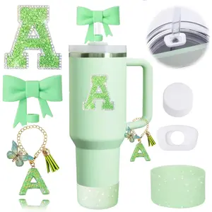 6 Green Accessory Sets, 30 and 40 Oz Cups with Handle, Including Silicone Bow Straw Cap, Spill-proof Plug, Shiny Silicone Boots, Handle Joist, Letter Patch (A)