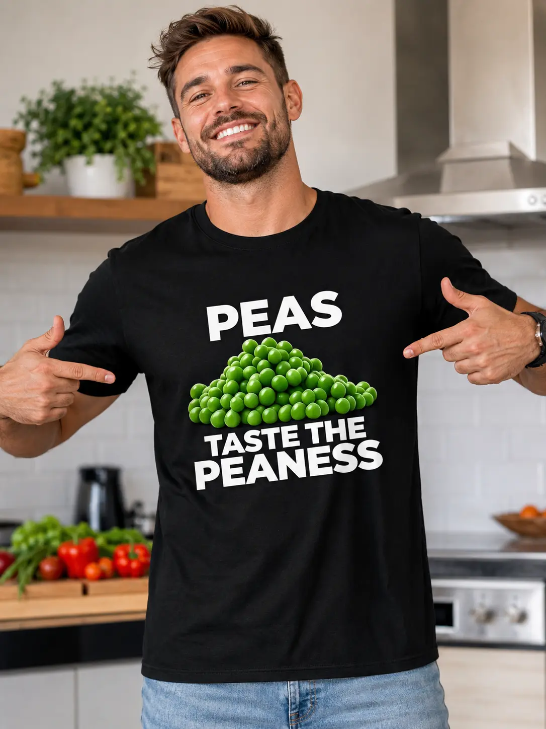 Men's 100% Cotton Short-Sleeve Round Neck Soft Stretch Christian Faith "Peas Taste the Peaness" Funny Print T-Shirt - Fitted Casual Menswear Top, Mechanic Streetwear, All Seasons Apparel, Breathable, Machine Wash, Medium Length, Multi-Size