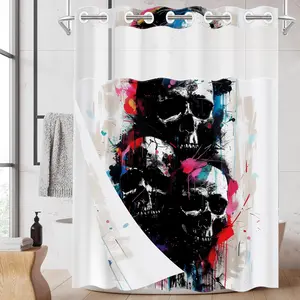 1 Pack No Hook Double Layer Shower Curtain, Halloween Graffiti Skull Print Bath Curtain, Waterproof, Mildew Resistant, Durable Fabric, Spooky Home Decor, Removable Liner, Top See-Through Window, Partition Curtain 71"×74"