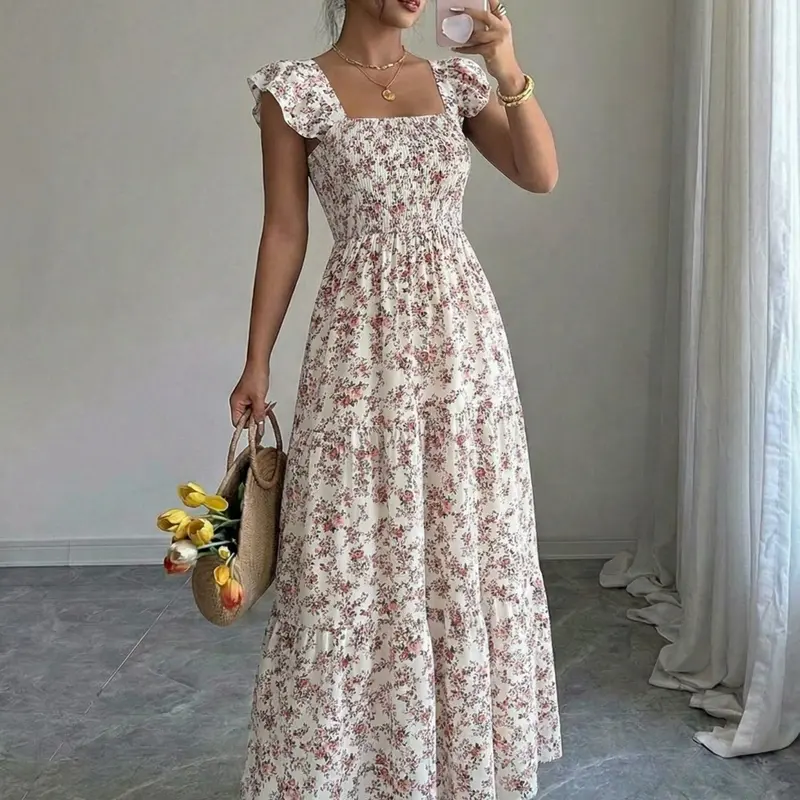 Women's Summer Square-Neck Backless Midi Dress with Tiered Ruffle Trim, Boho Casual Ditsy Floral Print Gathered Waist Dress for Daily Wear, Bohemian, Casual Boho Style