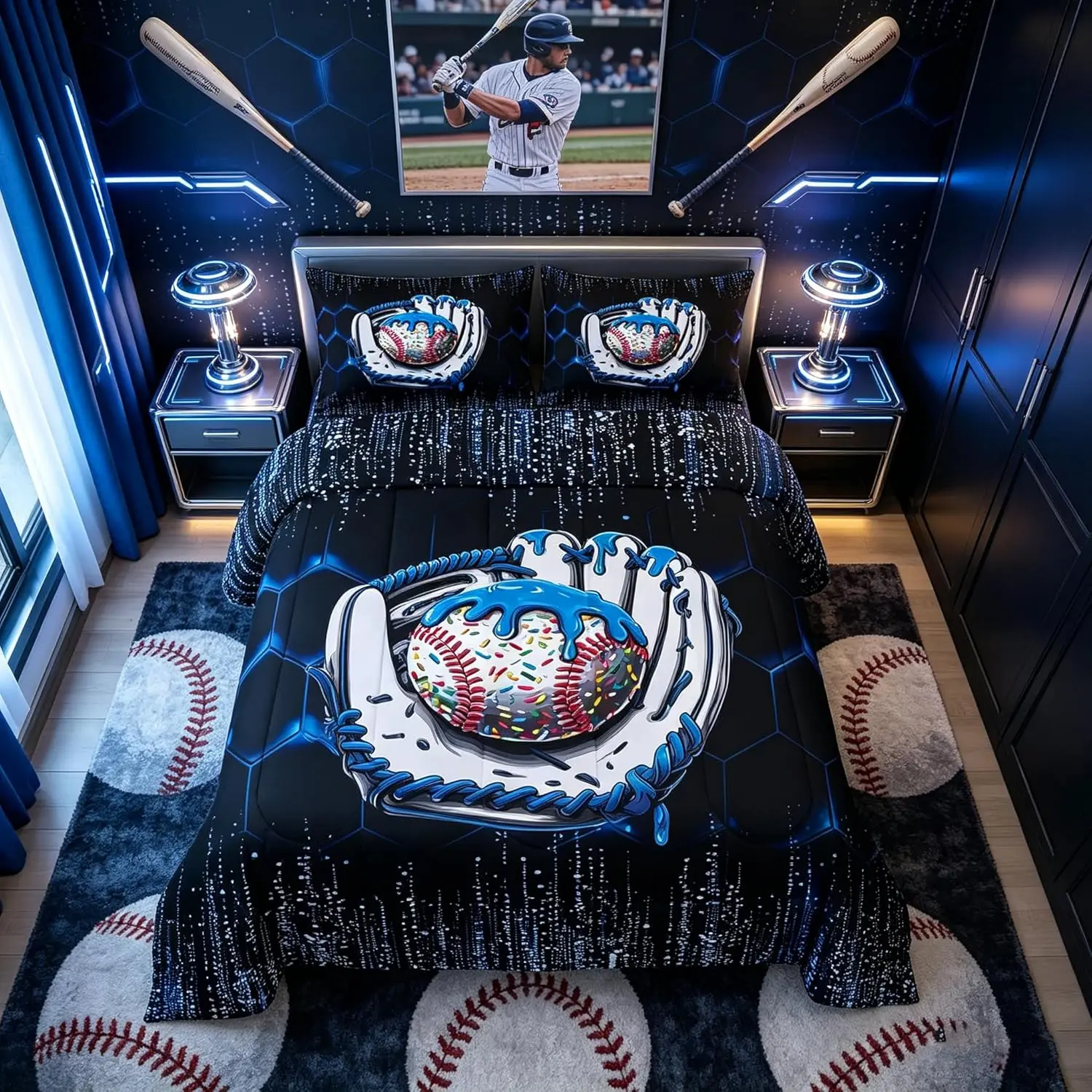 Baseball Ice Cream Comforter Set,Blue Gloves Geometric Honeycomb Bedding Set,Sports Theme Down Comforter for All Season Room Decor,,No Sheets