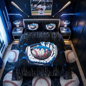 Baseball Ice Cream Comforter Set,Blue Gloves Geometric Honeycomb Bedding Set,Sports Theme Down Comforter for All Season Room Decor,,No Sheets
