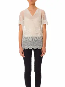 1920S White Cotton Embroidered Tulle Oversized Sheer Top With Van Dyck Hem