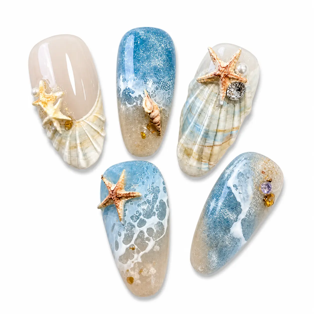 Zatvios Beauty Products Ocean Blue Press-On Nails - 3D Shell & Starfish Design, 30-Piece Ocean Beach Nails Inspo Holiday Gift Set