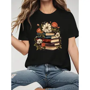 Floral & Book Print Round Neck Tee - Soft & Breathable Relaxed Fit Top for Women, Cottagecore & Reading Aesthetic Summer Blouse | Perfect for Spring Outfits, Book Lover Casual Style, Everyday Comfort Wear