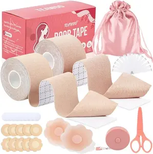 Boob Tape Kit - BoobTape for Breast Lift, 2 Body Tape, 4 PCs Silicone Breast Petals, 20 PCs Satin Nipple Stickers, 36 PCs Double Sided Tape, Boobtape for A-G (Crème)
