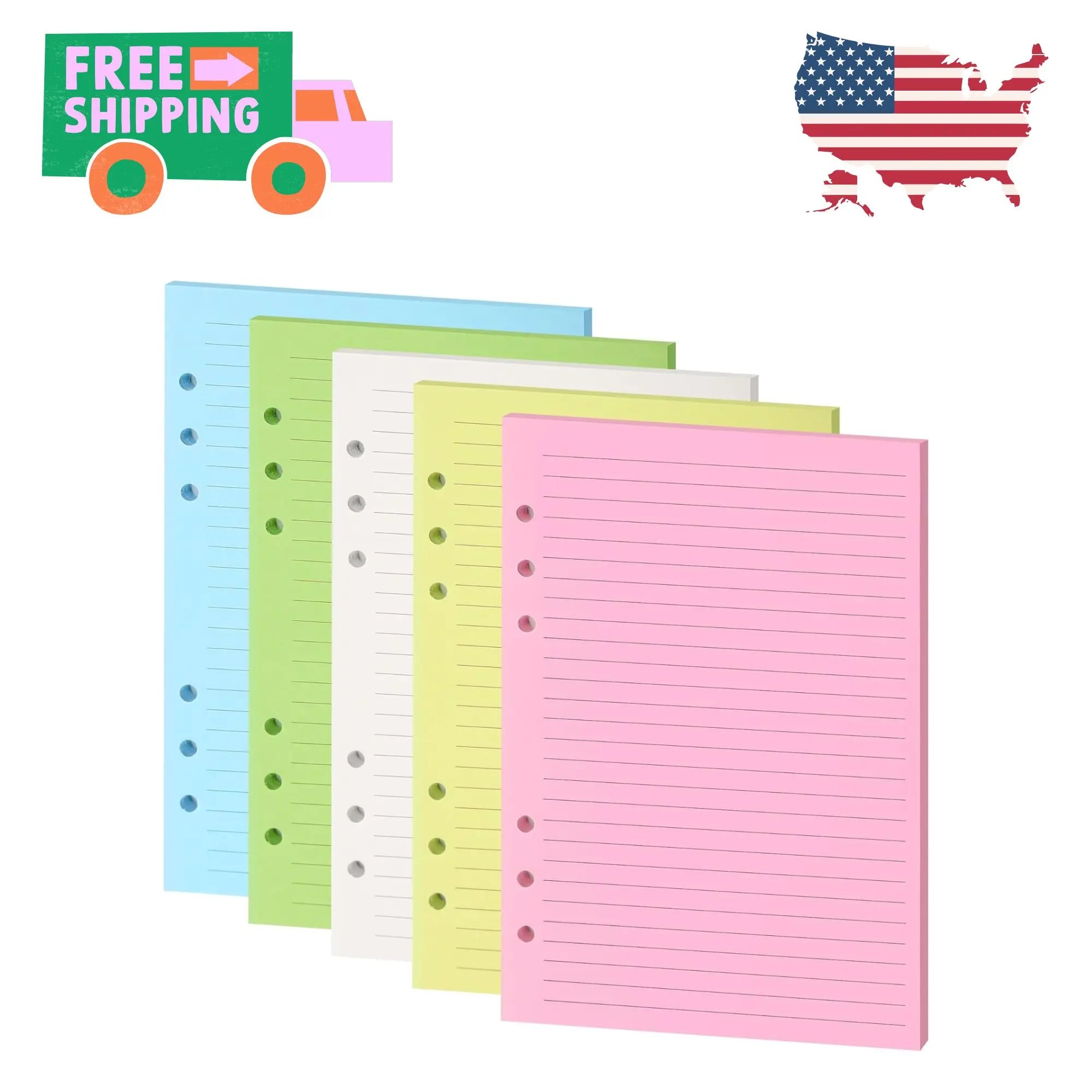 Lined Refill Paper, A5 Planner Inserts, Colorful Ruled Journal Fillers for 6-Ring Binder,5-color