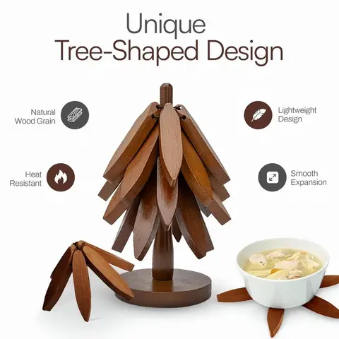 7.8" Wide Base Tree-Like Wooden Trivet Set - 4 Round Foldable Solid Wood Trivets, 1 Stand, 450°F Heat Guard, BPA-Free, Natural Wood Grain, Durable Polyester, Hot Dish Tableware, Countertop Protection, Modern Kitchen/Birthday Gift for Plant Lovers