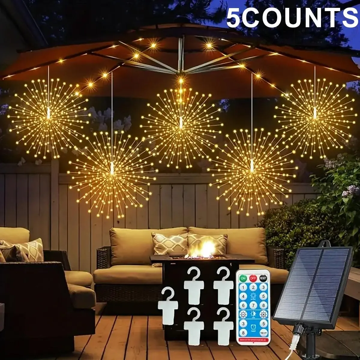 Solar Powered Starburst Ball Lights Remote Control Timer, Adjustable Brightness Hanging Fireworks Lamp Solar Illuminated for Solar Led Patio Outdoor Garden Holiday Party Decorations Yard Lighting Outdoor Decorative Light Dimmable Outdoor Light