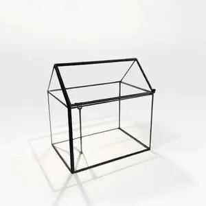 Small 6.1"x6.3"x4.33" Black House Shape Glass Close Terrarium with Swing Lid, Tabletop Windowsill Planter Box for Succulent Moss Fern Plant, Balcony Geometric Decor (No Plants) mossplantpetaquariumdesk Beige Flower Pots & Planters