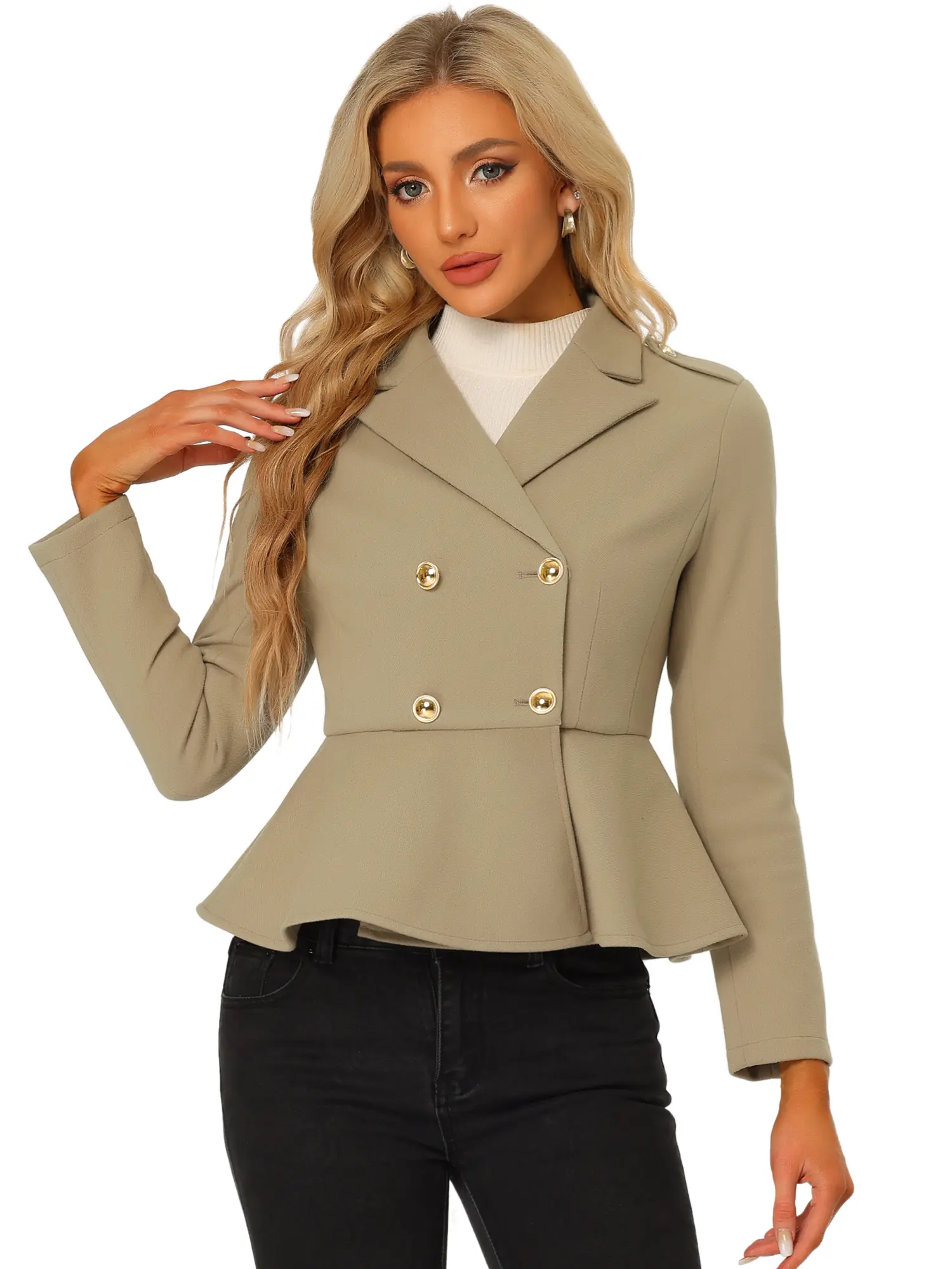 INSPIRE CHIC Double Breasted Pea Coat Notched Lapel Office Blazer Peplum Jacket