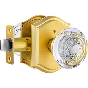 Glass Door Knob Interior with Lock,   Door Knob for Bedroom Bathroom, Satin Brass