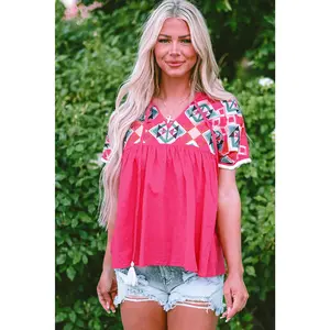 Strawberry Pink Geometric Embroidered Tassel Tie V Neck Blouse Shirts Shortsleeve Top Womenswear Casual Chic
