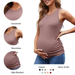 Women's Maternity Tank Tops Summer Sleeveless Crewneck Ribbed Slim Fitted Blouse Side Ruched Pregnancy Shirts