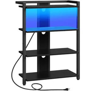 4-Tier AV Media Stand, Media Console with  Station and LED Light, Wooden Stereo Cabinet, Corner TV Stand, Record Player, Entertainment Device Stand, Black BB42UDCJ01