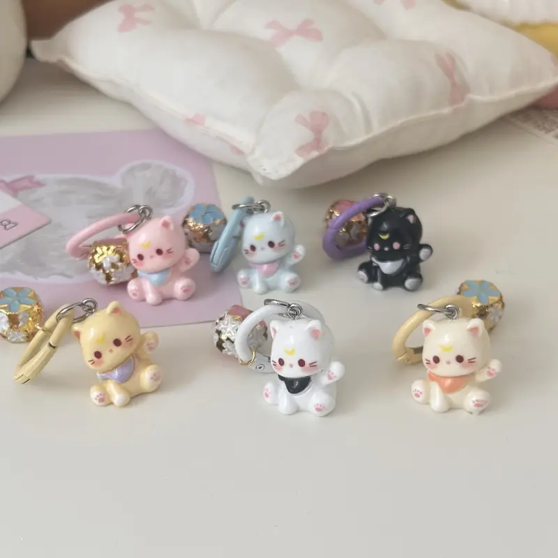 6pcs Cute Cartoon Cat Key Rings with Bells - Multicolor Kitten-Shaped Keychains, Durable Plastic & Metal Ring Clasps for Backpacks, Bags, Keys - Birthday Gifts for Women, s, Cat Lovers, Cat Accessories