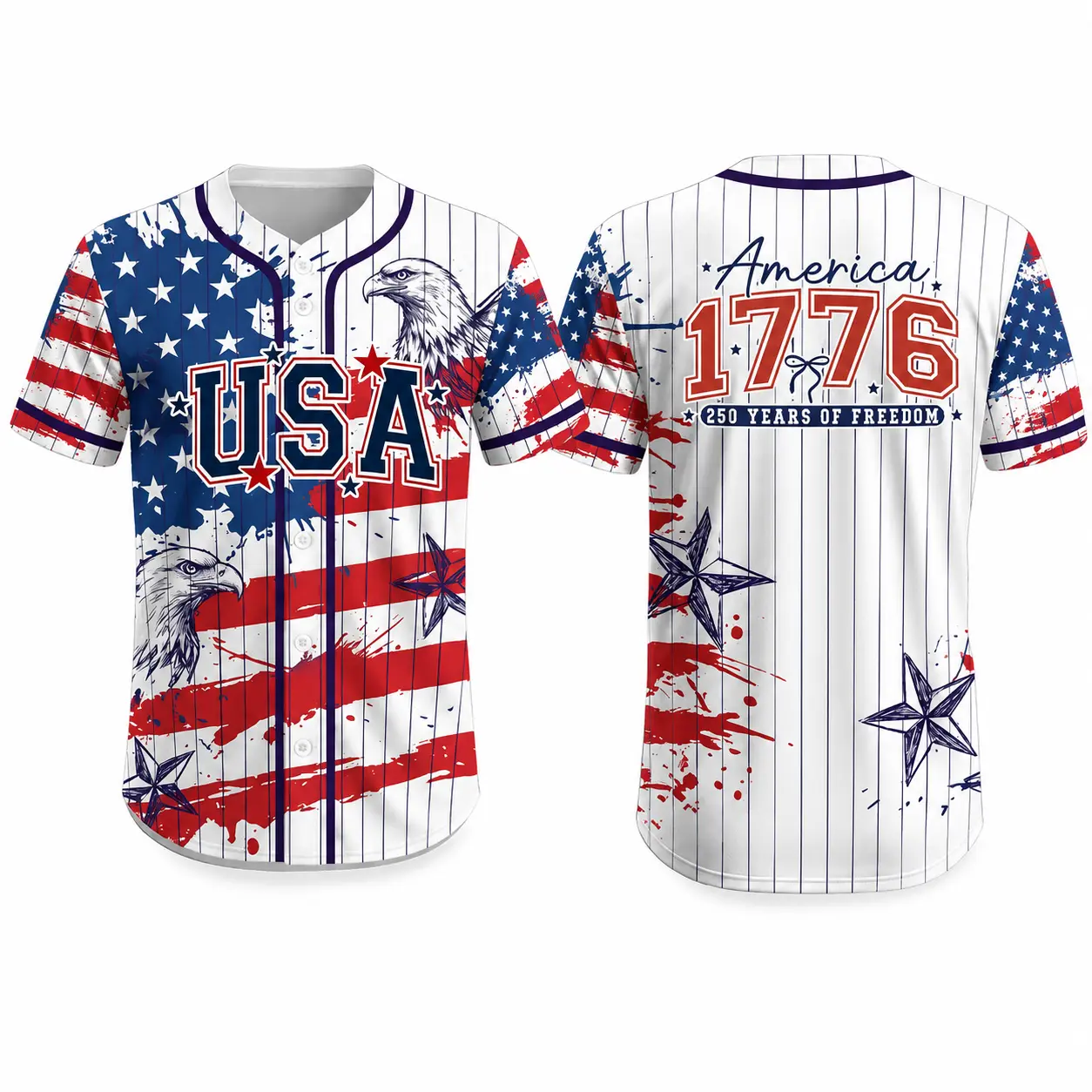 USA 1776 Patriotic Baseball Jersey for Men & Women, Lightweight 100% Polyester Button Up Shirt with Eagle, American Flag Brush Stripe, Stars & 250 Years of Freedom Graphic Print, 4th of July Summer Streetwear Top