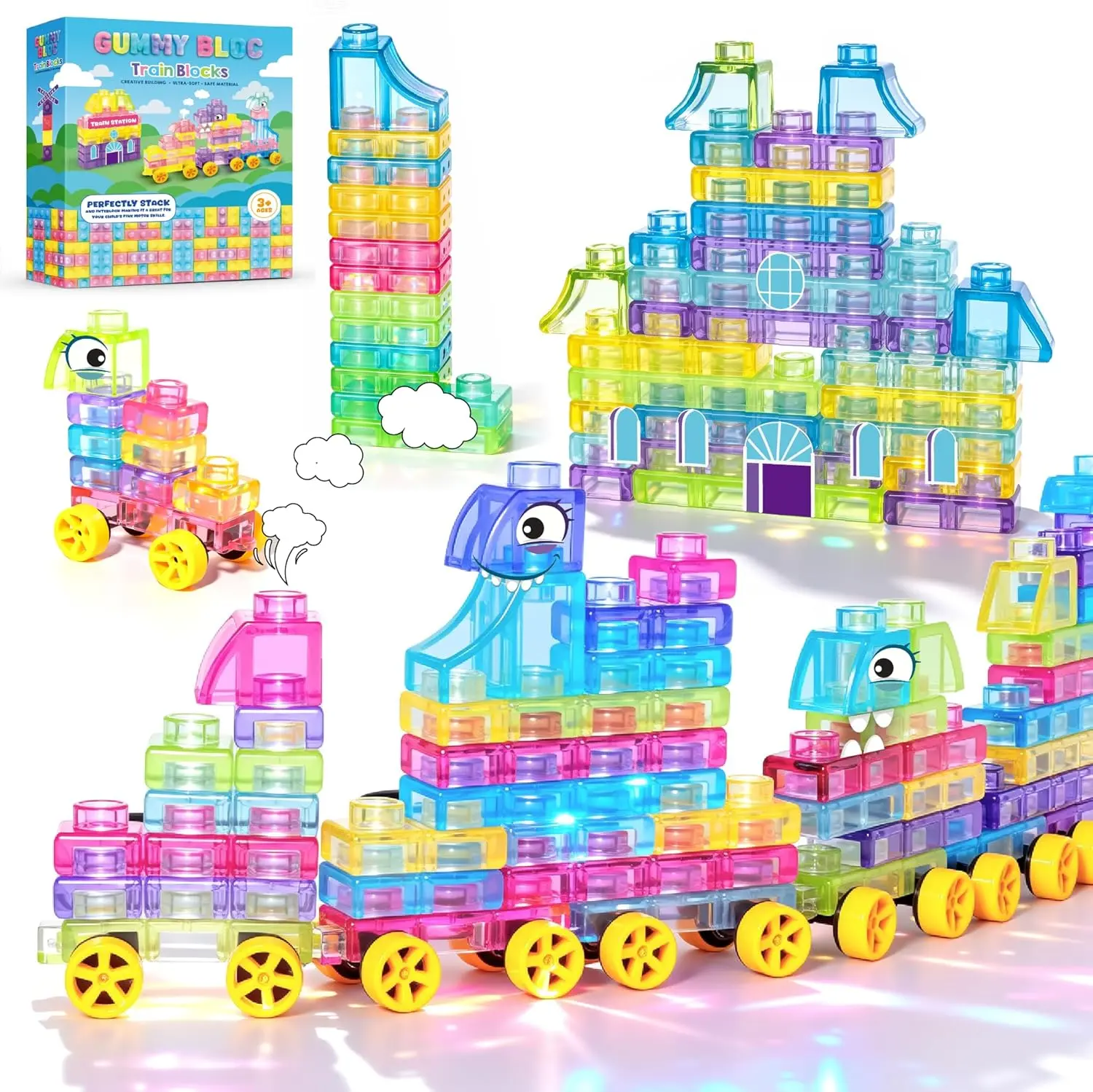 JoySpot Train Jelly Building Blocks with Wheels, 42 PCS Montessori Sensory Stacky Building Blocks, Toddler Learning Toy with Station, Squeezable, Stretchable & Stackable Tactile Toys, Preschool Creative Play for Kids summerwins