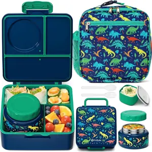 Bento lunch Box Set for Kids Adult with 8oz Thermos Food Jar, Insulated Lunch Bag &Sauce Cup, Leakproof Dishwasher Safe Toddler Lunch Food Container with 3-4 Compartment for School Girls Boys Lid Silicone