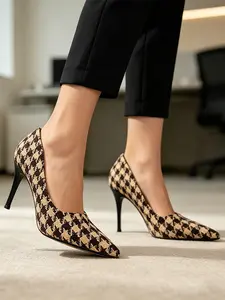 Women's Vintage Houndstooth Heels 3.54 Inch (9cm) Mid Heel Pumps - Soft Woven Fabric Comfortable Shoes for Work Office Daily Wear | Classic Plaid Pattern Elegant Party Footwear | Trendy OOTD Style Sole Fashion Lady Shoes Chic Texture