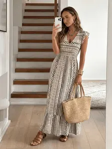 Women's Casual Retro Geometric Vacation Long Dress, Waist Cinch Design, Perfect for Spring Summer Daily Wear, Blouse Style, Versatile and Stylish