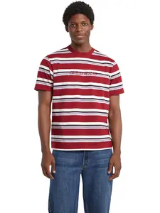 GUESS Jeans Male Regular Striped Embroidered Logo Tee