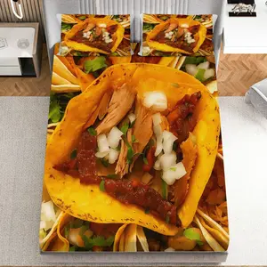 3Pcs Mexican Taco Food Festive Fitted Sheet Three Piece Set (1*Fitted Sheet+2*Pillowcases, Coreless), Party Theme, Novelty Food Bedding Set, Mattress Protector Soft, Breathable