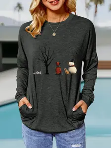 Women's Casual Loose-Fit Long Sleeve Sweatshirt, Snowman Print Round Neck Pullover, Comfortable Breathable Spring & Fall Fashion Top