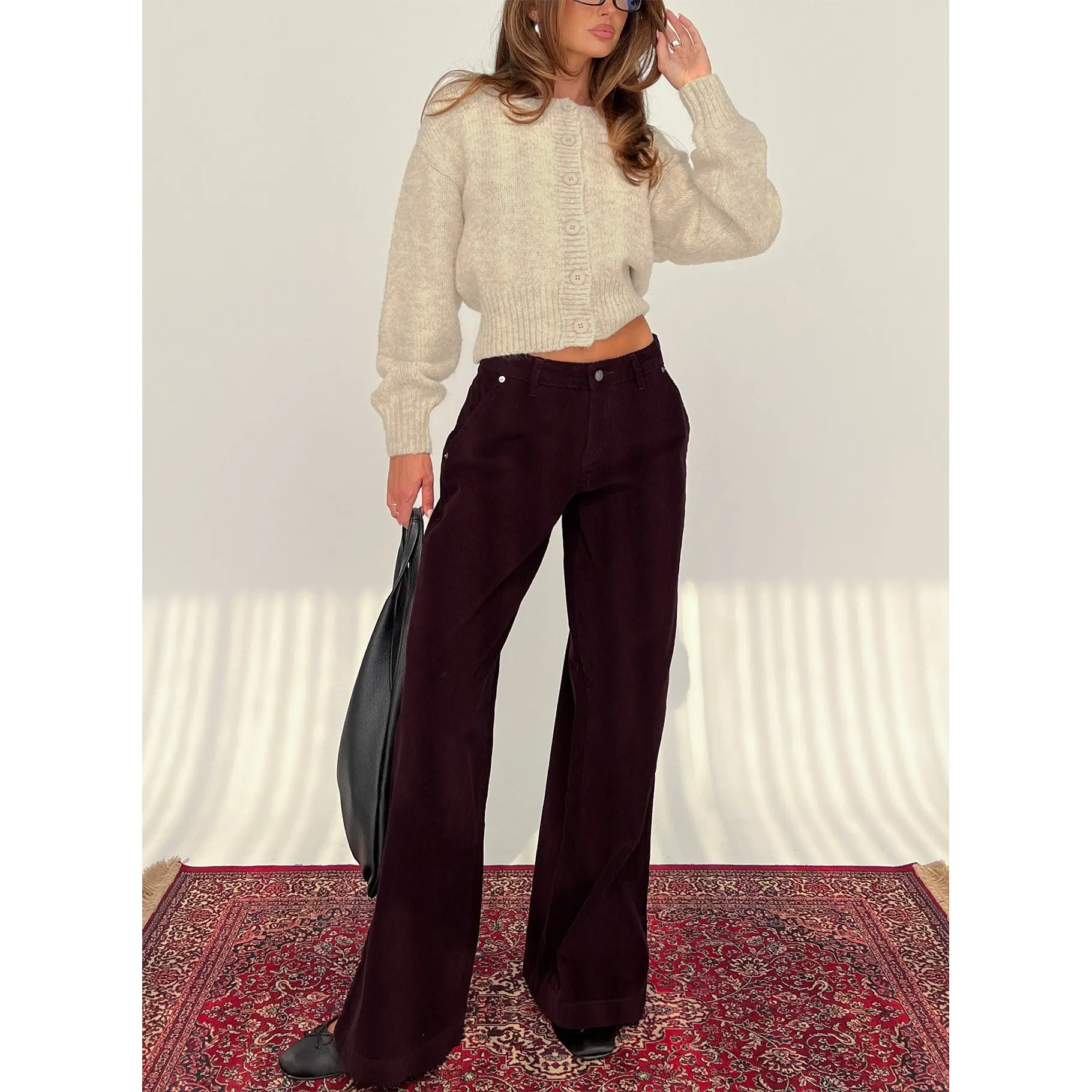 Jacynda Low Waist Wide Leg Corduroy Jeans Currant
