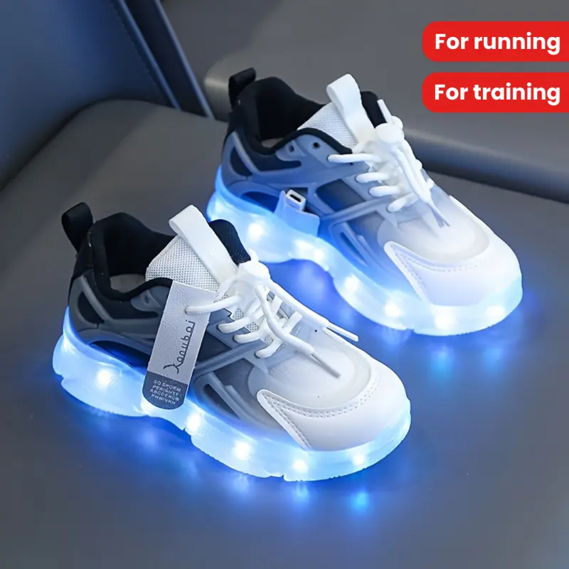 Hey Cool Boys! Rechargeable LED Light-Up Sneakers - 4 Trendy Colors (Black/Blue/Red/Green) | Shock-Absorbing, Non-Slip Casual Sport Shoes for Christmas & Outdoor Fun! #ChristmasKidsWear #LEDLightUpShoes #BoysSportSneakers